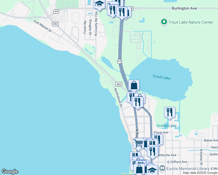 map of restaurants, bars, coffee shops, grocery stores, and more near 1200 Northshore Drive in Eustis