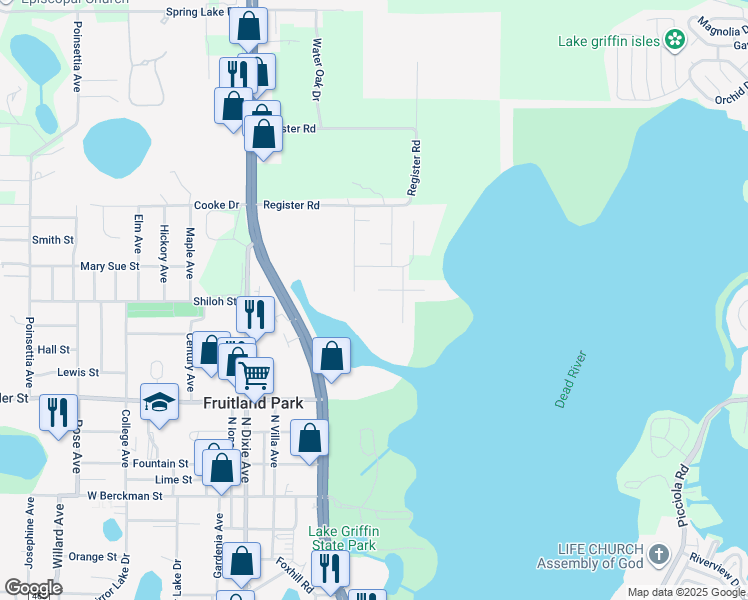 map of restaurants, bars, coffee shops, grocery stores, and more near 509 West Leah Court in Fruitland Park