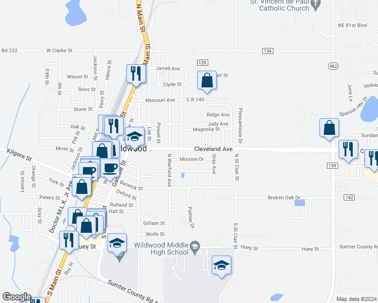 map of restaurants, bars, coffee shops, grocery stores, and more near 704 Cleveland Avenue in Wildwood