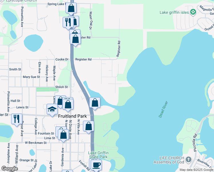 map of restaurants, bars, coffee shops, grocery stores, and more near 509 West Leah Court in Fruitland Park