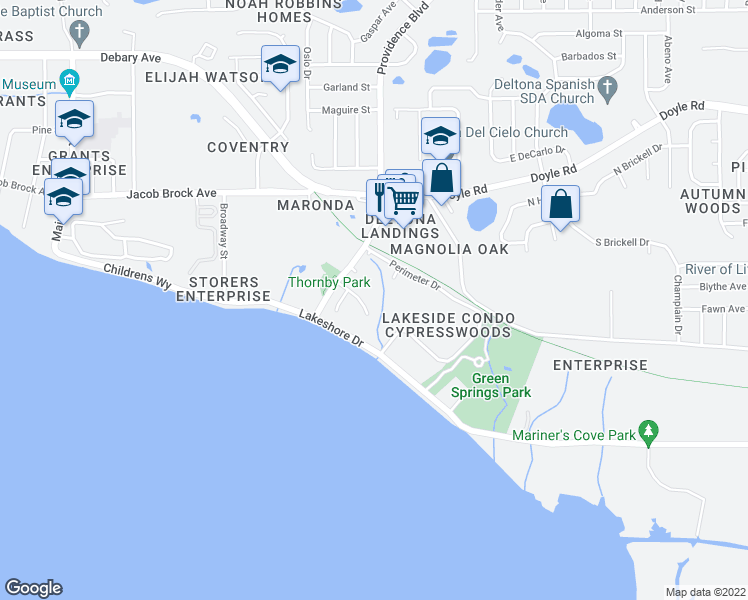 map of restaurants, bars, coffee shops, grocery stores, and more near 180 Magnolia Woods Court in Deltona