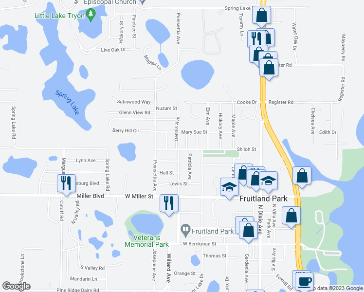 map of restaurants, bars, coffee shops, grocery stores, and more near 602 Shiloh Street in Fruitland Park
