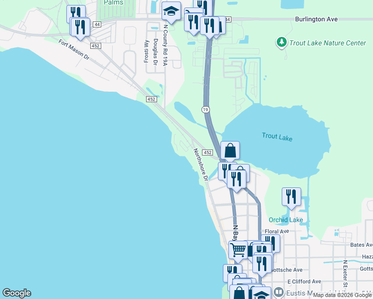 map of restaurants, bars, coffee shops, grocery stores, and more near 205 Mae Street in Eustis