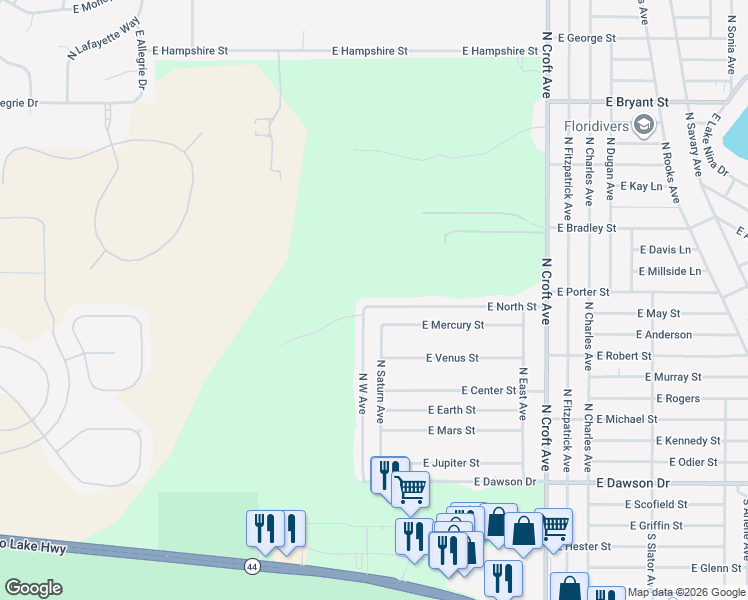 map of restaurants, bars, coffee shops, grocery stores, and more near 2455 East North Street in Inverness