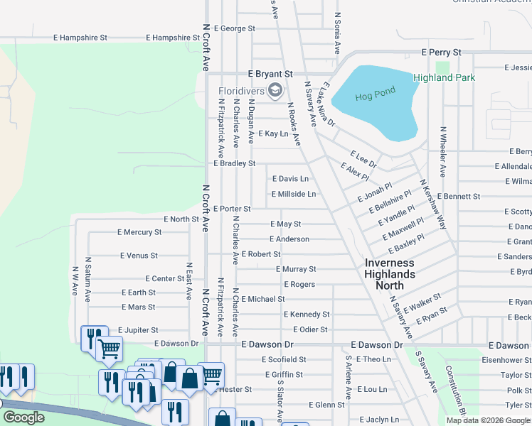 map of restaurants, bars, coffee shops, grocery stores, and more near 217 North Dugan Avenue in Inverness