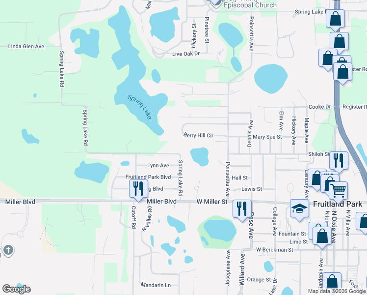 map of restaurants, bars, coffee shops, grocery stores, and more near 833 Berryhill Circle in Fruitland Park
