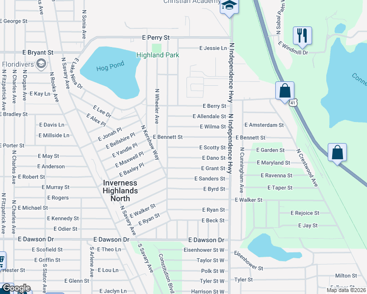 map of restaurants, bars, coffee shops, grocery stores, and more near 3915 East Scotty Street in Inverness