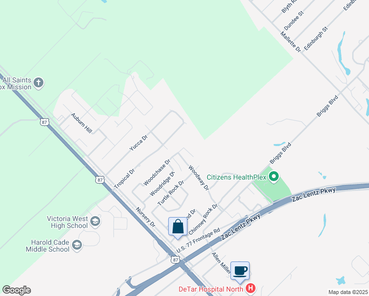 map of restaurants, bars, coffee shops, grocery stores, and more near 102 Woodcreek Circle in Victoria