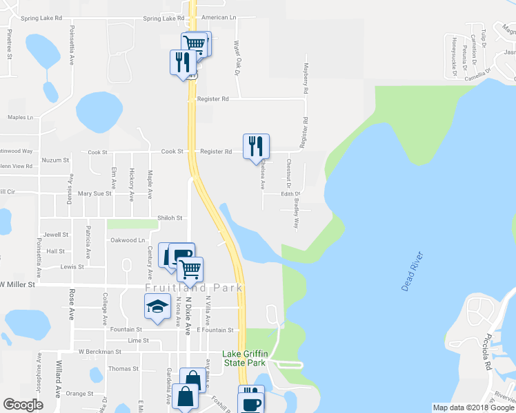 map of restaurants, bars, coffee shops, grocery stores, and more near 702 Chelsea Avenue in Fruitland Park