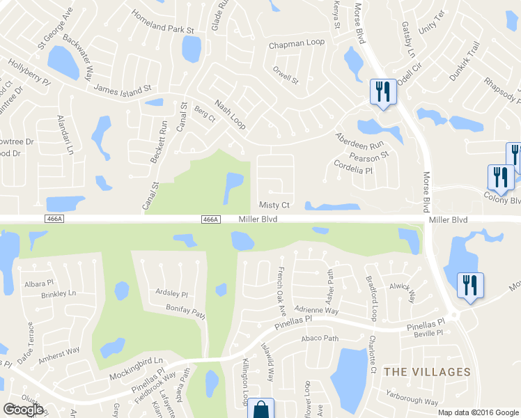 map of restaurants, bars, coffee shops, grocery stores, and more near 942 Misty Court in The Villages