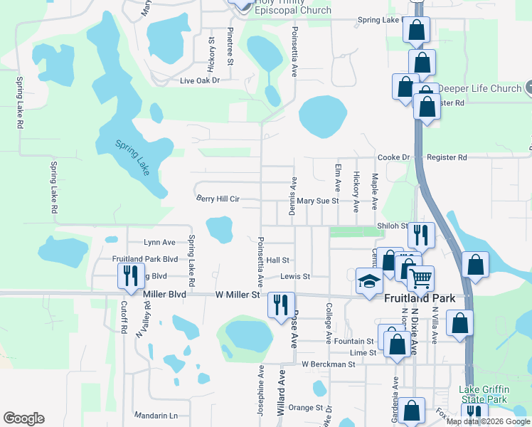 map of restaurants, bars, coffee shops, grocery stores, and more near 707 Cindy Avenue in Fruitland Park