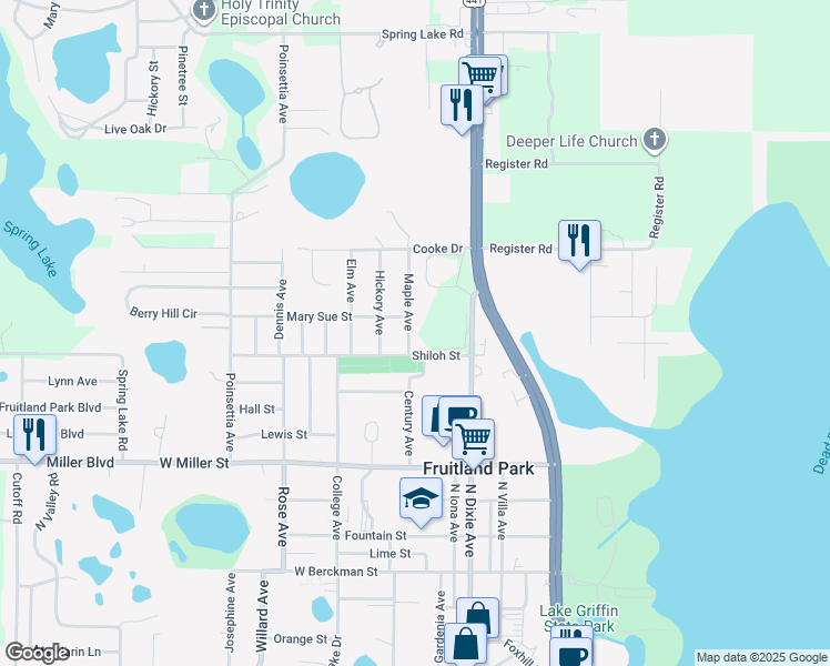 map of restaurants, bars, coffee shops, grocery stores, and more near 705 Maple Avenue in Fruitland Park