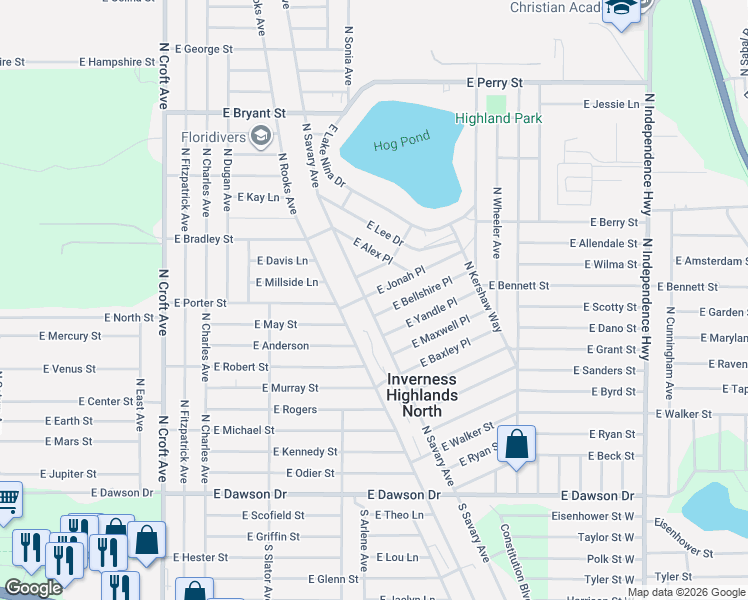 map of restaurants, bars, coffee shops, grocery stores, and more near 3428 E Jonah Pl in Inverness