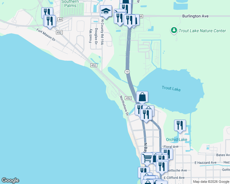map of restaurants, bars, coffee shops, grocery stores, and more near 205 Mae Street in Eustis