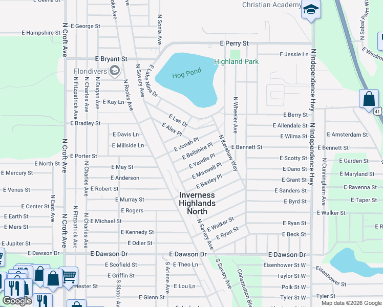 map of restaurants, bars, coffee shops, grocery stores, and more near 3531 East Bellshire Place in Inverness