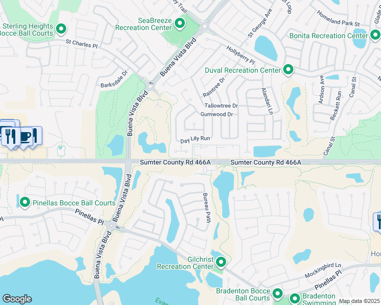 map of restaurants, bars, coffee shops, grocery stores, and more near 1610 Marigold Lane in The Villages