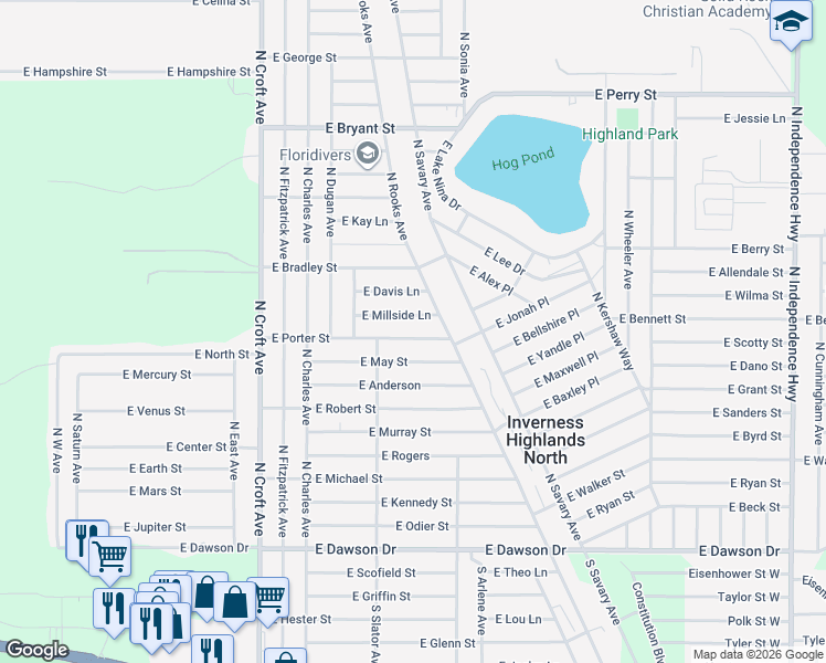 map of restaurants, bars, coffee shops, grocery stores, and more near 3255 East Porter Street in Inverness