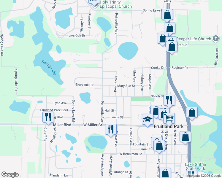 map of restaurants, bars, coffee shops, grocery stores, and more near 707 Cindy Avenue in Fruitland Park