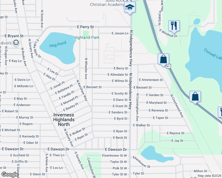 map of restaurants, bars, coffee shops, grocery stores, and more near 3975 East Scotty Street in Inverness