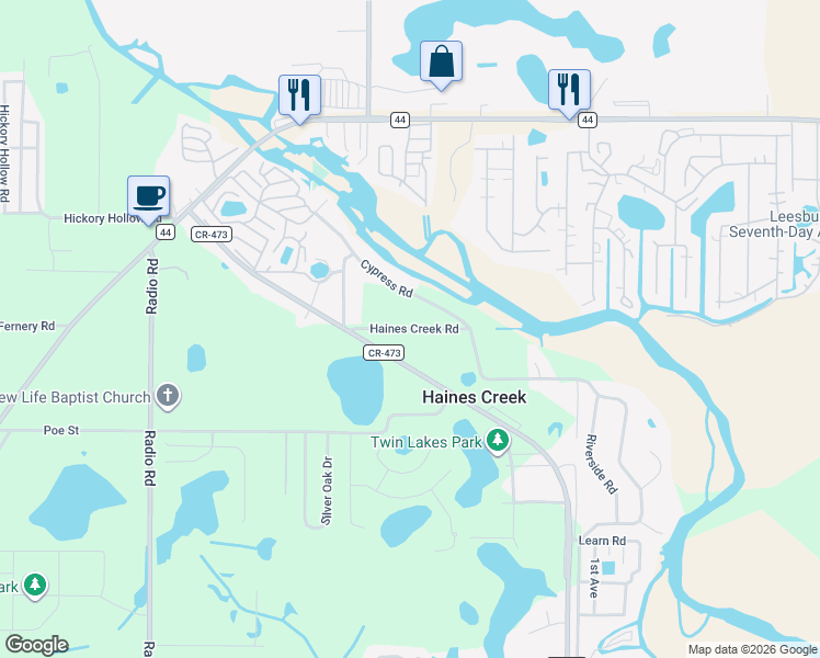 map of restaurants, bars, coffee shops, grocery stores, and more near 35449 Haines Creek Road in Leesburg