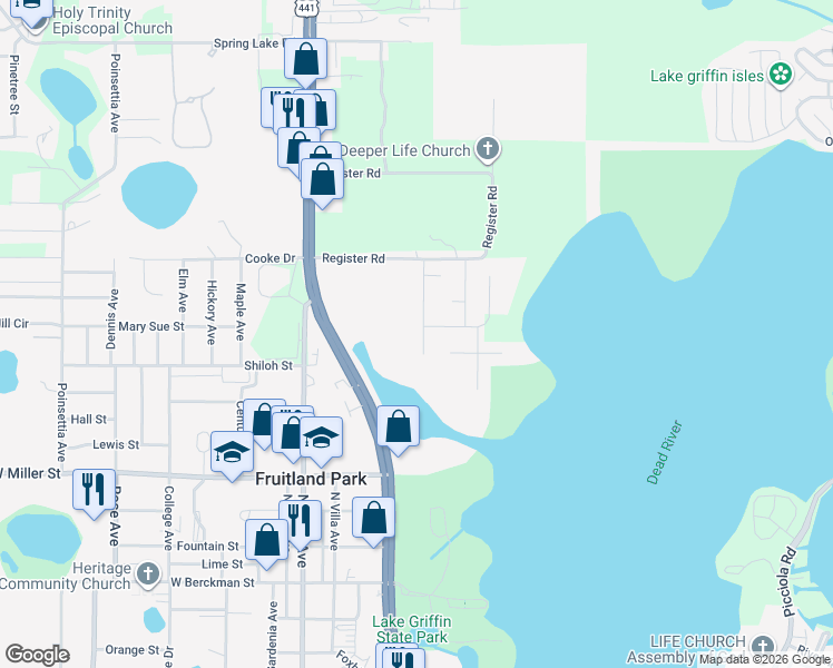 map of restaurants, bars, coffee shops, grocery stores, and more near 702 Chelsea Avenue in Fruitland Park