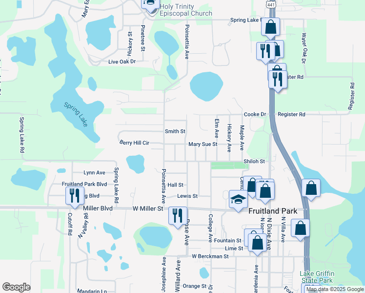 map of restaurants, bars, coffee shops, grocery stores, and more near 708 Dennis Avenue in Fruitland Park