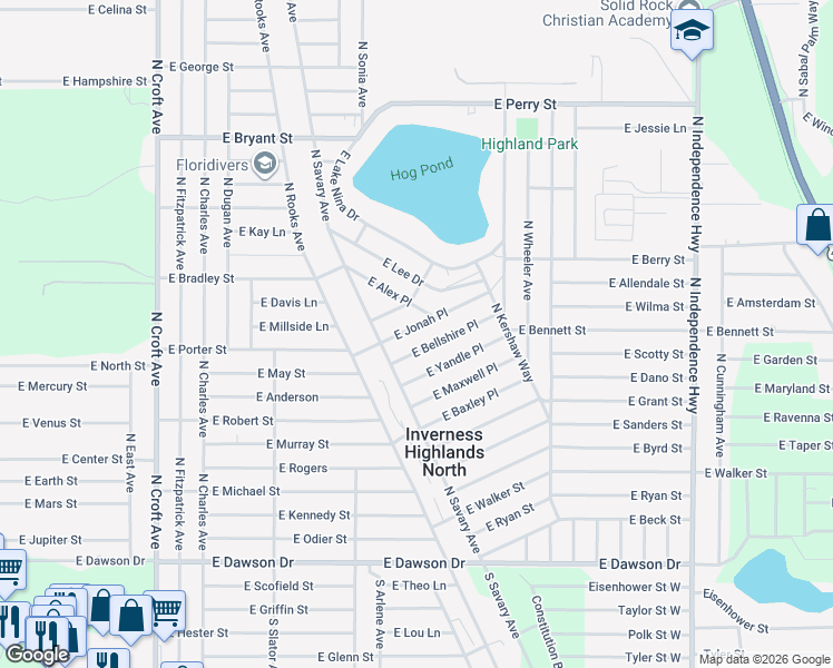 map of restaurants, bars, coffee shops, grocery stores, and more near 3531 East Bellshire Place in Inverness
