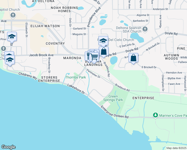 map of restaurants, bars, coffee shops, grocery stores, and more near 150 Wax Myrtle Woods Court in Deltona