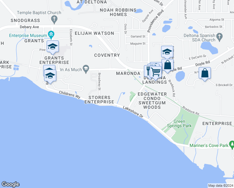 map of restaurants, bars, coffee shops, grocery stores, and more near 110 Providence Boulevard in Deltona