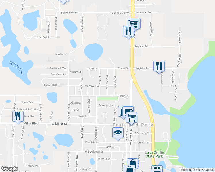 map of restaurants, bars, coffee shops, grocery stores, and more near 799 Hickory Avenue in Fruitland Park