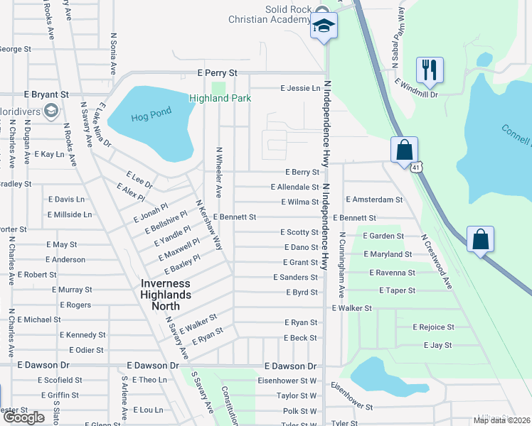 map of restaurants, bars, coffee shops, grocery stores, and more near 3915 East Scotty Street in Inverness