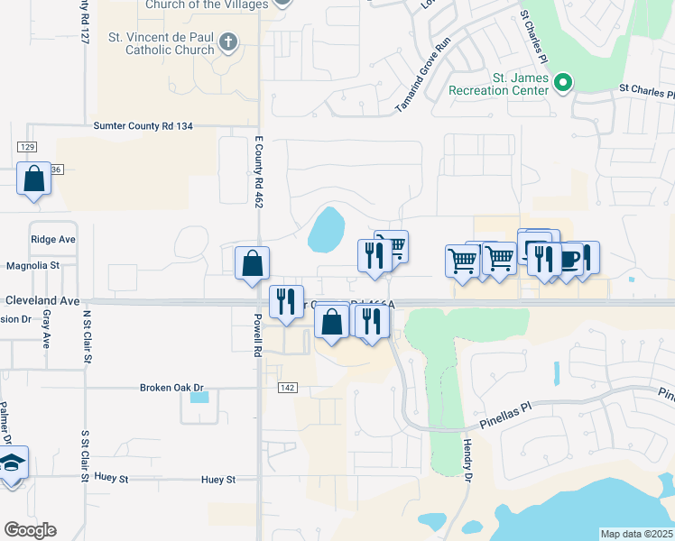 map of restaurants, bars, coffee shops, grocery stores, and more near 2505 Burnsed Boulevard in Wildwood