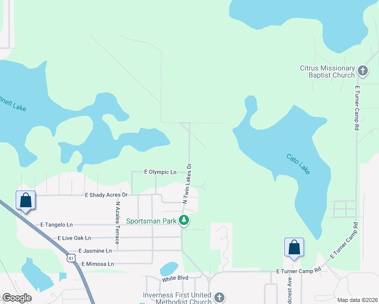 map of restaurants, bars, coffee shops, grocery stores, and more near North Twin Lakes Drive in Inverness