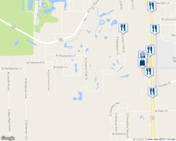 map of restaurants, bars, coffee shops, grocery stores, and more near 44 North Country Club Drive in Crystal River