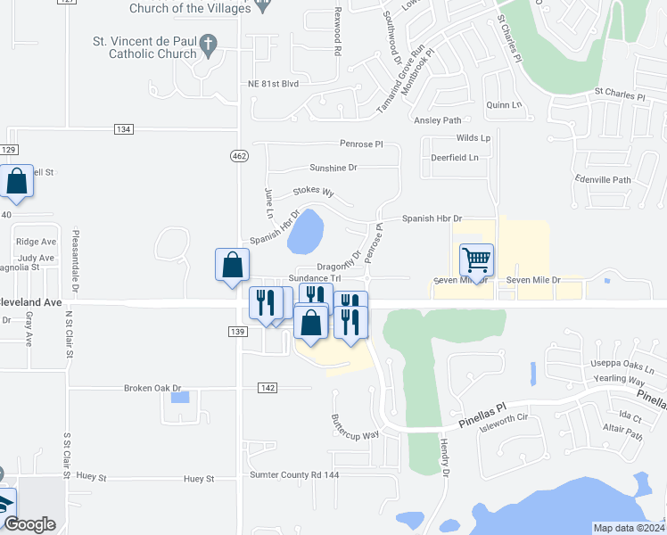 map of restaurants, bars, coffee shops, grocery stores, and more near Dragonfly Drive in Wildwood