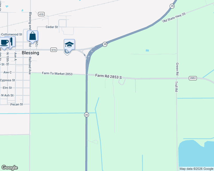 map of restaurants, bars, coffee shops, grocery stores, and more near 692 Cashscreek Road in Blessing