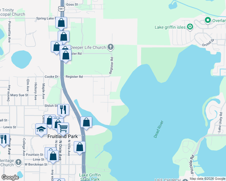 map of restaurants, bars, coffee shops, grocery stores, and more near 808 Edith Drive in Fruitland Park