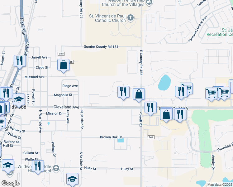 map of restaurants, bars, coffee shops, grocery stores, and more near 7676 Rio Grande Boulevard in Wildwood