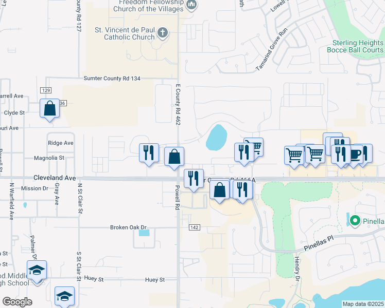 map of restaurants, bars, coffee shops, grocery stores, and more near 5048 County Road 466A in Wildwood
