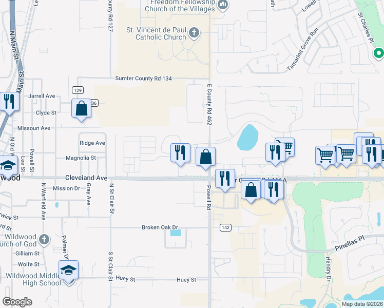 map of restaurants, bars, coffee shops, grocery stores, and more near 5869 East Co Road 462 in Wildwood