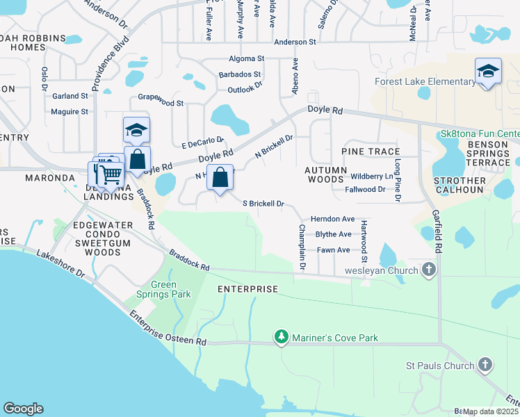 map of restaurants, bars, coffee shops, grocery stores, and more near 1161 South Brickell Drive in Deltona