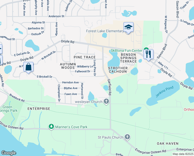 map of restaurants, bars, coffee shops, grocery stores, and more near 1485 Cedar Pine Drive in Deltona