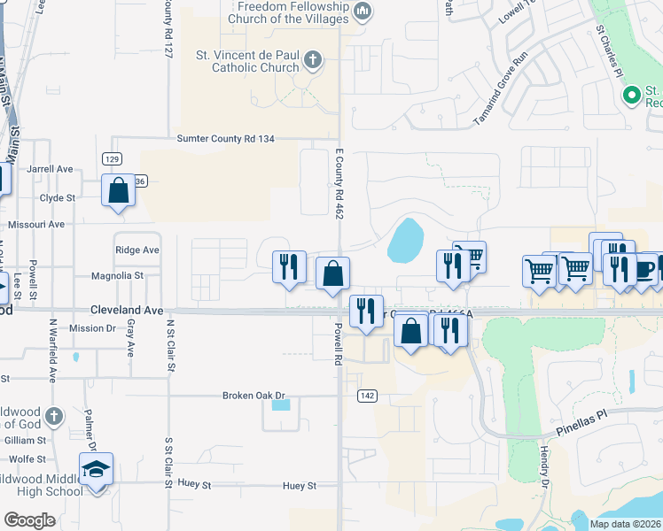 map of restaurants, bars, coffee shops, grocery stores, and more near 5869 East County Road 462 in Wildwood