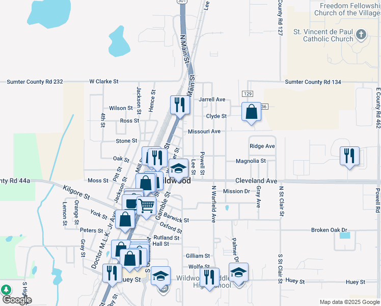 map of restaurants, bars, coffee shops, grocery stores, and more near 701 Lee Street in Wildwood