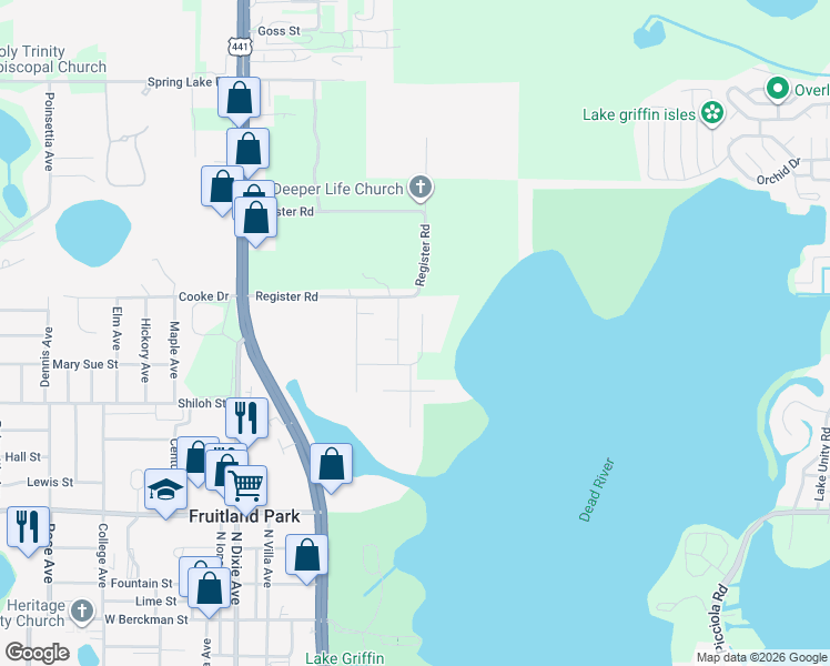 map of restaurants, bars, coffee shops, grocery stores, and more near 808 Edith Drive in Fruitland Park