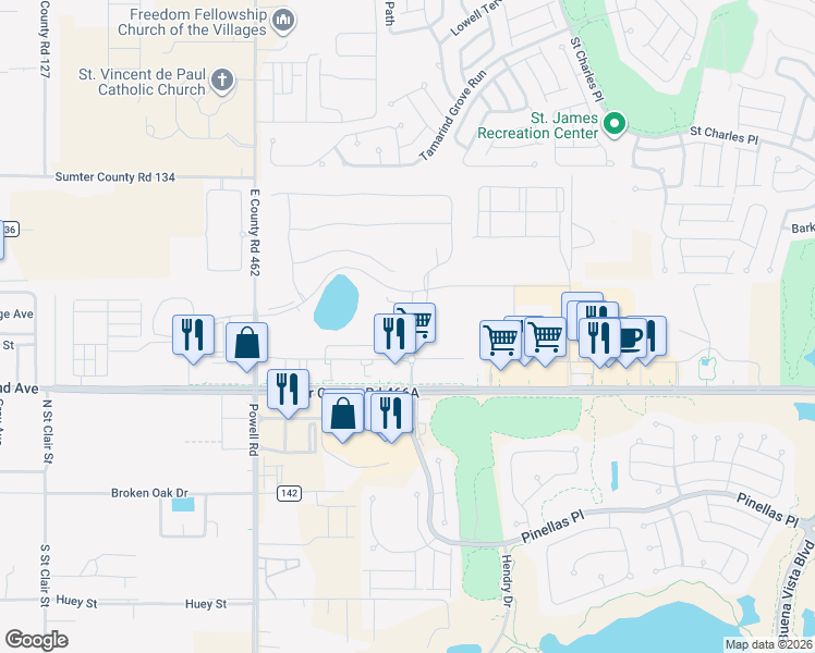 map of restaurants, bars, coffee shops, grocery stores, and more near 5431 Dragonfly Drive in Wildwood