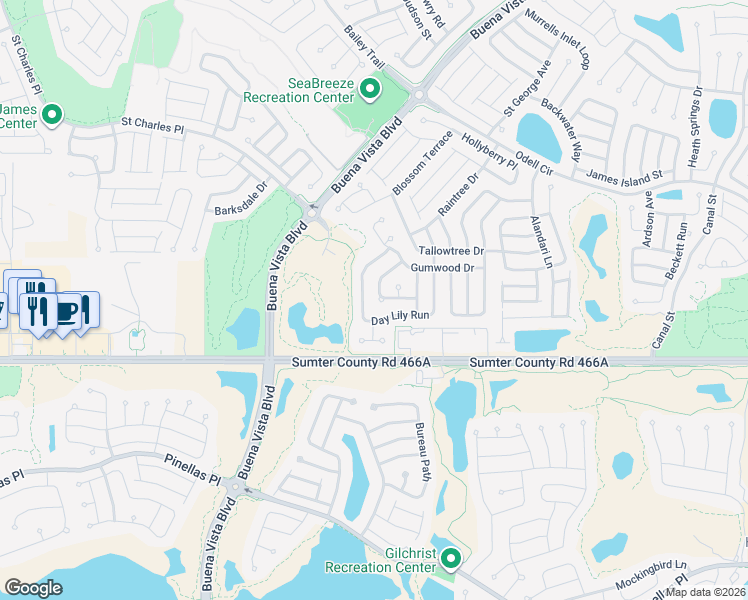 map of restaurants, bars, coffee shops, grocery stores, and more near 2740 Day Lily Run in The Villages