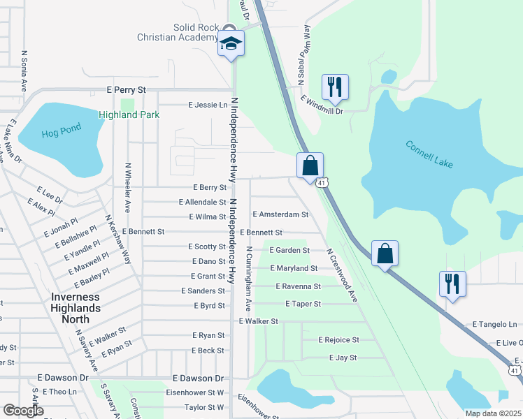 map of restaurants, bars, coffee shops, grocery stores, and more near 4265 East Amsterdam Street in Inverness