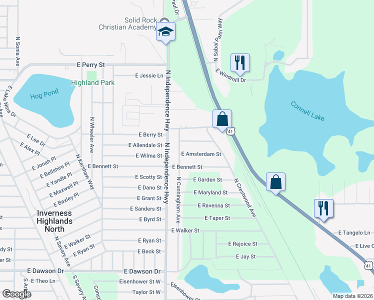 map of restaurants, bars, coffee shops, grocery stores, and more near 4265 East Amsterdam Street in Inverness