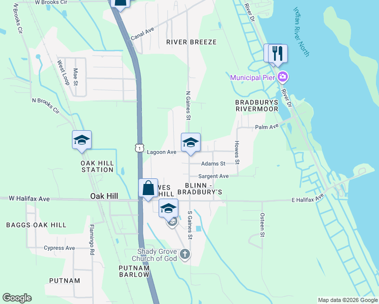 map of restaurants, bars, coffee shops, grocery stores, and more near 232 Lagoon Avenue in Oak Hill